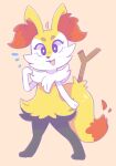 2018 3_fingers 3_toes :3 absurd_res ambiguous_gender anthro barefoot black_body black_eyes black_fur black_nose blush blush_lines body_hair braixen branch chest_hair clothing colored dipstick_tail eyebrows eyelashes feet fingers fur generation_6_pokemon graskip hi_res inner_ear_fluff leg_tuft markings multicolored_body multicolored_fur naturally_censored nintendo nude open_mouth pink_background pokemon pokemon_(species) red_inner_ear_fluff red_tail_tip shaded simple_background solo standing tail tail_markings thigh_tuft toes tuft white_body white_clothing white_fur white_tuft yellow_body yellow_fur yellow_tuft