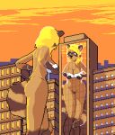 2d_animation animated anthro big_breasts blonde_hair blue_eyes bottomless bra breasts brown_body brown_fur building building_reflection butt city clothed clothing digital_media_(artwork) dustmouse female front_view fur genitals hair looking_at_self loop macro macro_anthro macro_female mammal markings mirror navel no_sound orange_sky outside pixel_(artwork) pixel_animation procyonid pussy raccoon rear_view reflection ring_(marking) ringed_tail short_playtime sky smile solo striped_markings striped_tail stripes tail tail_markings topwear underwear window