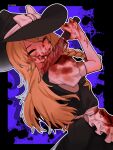  1girl akaakaakaakashio apron black_hat black_skirt black_vest blonde_hair blood blood_on_face blood_on_hands blood_on_knife blood_splatter bow braid chinese_commentary closed_eyes closed_mouth commentary_request cookie_(touhou) cowboy_shot dutch_angle frilled_apron frills hair_bow hat hat_bow highres holding holding_knife kirisame_marisa kitchen_knife knife licking licking_blade licking_weapon long_hair medium_bangs puffy_short_sleeves puffy_sleeves purple_background red_bow shirt short_sleeves side_braid single_braid skirt skirt_set smile solo star_(symbol) suzu_(cookie) tongue tongue_out touhou vest waist_apron weapon white_apron white_bow white_shirt witch_hat 