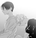  2boys bakugou_katsuki black_shirt boku_no_hero_academia burn_scar gradient_background greyscale hair_between_eyes half-closed_eyes highres ikuhashi_muiko long_sleeves male_focus monochrome multicolored_hair multiple_boys parted_lips scar shirt short_hair short_sleeves spiked_hair t-shirt todoroki_shouto two-tone_hair upper_body white_shirt wide-eyed yaoi 