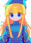  1girl absurdres blonde_hair blue_eyes blunt_bangs blush closed_mouth highres long_hair looking_at_viewer offbeat puyopuyo simple_background solo upper_body white_background witch_(puyopuyo) 