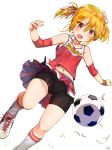  1girl ball bangs bare_shoulders bike_shorts black_shorts blush breasts brown_eyes compression_sleeve hair_between_eyes hair_ribbon idolmaster idolmaster_cinderella_girls long_hair navel open_mouth orange_hair red_skirt red_tank_top ribbon shoes shorts shorts_under_skirt sidelocks simple_background skirt sneakers soccer_ball solo thighs twintails white_background yanngoto yuuki_haru 