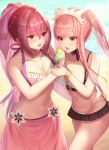  2girls bangs bare_arms bare_shoulders beach bikini black_choker blush breasts brown_skirt choker cleavage collarbone commentary_request cowboy_shot dolce_(dolsuke) eyebrows_visible_through_hair fate/grand_order fate_(series) food food_theft frilled_bikini frills hair_between_eyes hair_ornament hairband highres holding holding_food ice_cream_cone large_breasts long_hair medb_(fate)_(all) medb_(fate/grand_order) microskirt multiple_girls navel open_mouth orange_eyes pink_bikini_top pink_hair ponytail purple_hair red_eyes sand sarong scathach_(fate)_(all) scathach_skadi_(fate/grand_order) sidelocks skirt stomach swimsuit twintails v-shaped_eyebrows very_long_hair water white_bikini white_hairband 