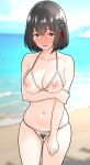  1girl alternate_costume beach bikini black_hair blue_sky blurry blurry_background breasts brown_eyes crotchless crotchless_bikini cupless_bikini day embarrassed female_pubic_hair furaggu_(frag_0416) gold_bikini haguro_(kancolle) hair_ornament highres kantai_collection large_breasts nipples ocean outdoors pubic_hair pussy short_hair sky solo standing swimsuit uncensored 