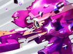  1girl grey_eyes grin holding ink_armor_(splatoon) inkling inkling_girl inkling_player_character koike3582 looking_at_viewer outstretched_arms pink_hair sharp_teeth shirt short_hair short_sleeves smile solo splatoon_(series) teeth tentacle_hair white_shirt 