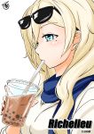  blonde_hair blue_eyes blue_scarf breasts character_name commentary_request cup drinking_straw eyewear_on_head hair_between_eyes kantai_collection long_hair mole mole_under_eye profile richelieu_(kantai_collection) scarf shirt signature sunglasses tsukino_murakumo upper_body white_background white_shirt 