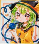  1girl absurdres black_hat black_thighhighs blouse bow buttons diamond_button eyeball frilled_shirt_collar frilled_sleeves frills green_eyes green_hair grey_hair hat hat_bow hat_ribbon heart heart_of_string highres komeiji_koishi open_mouth pafe_yuzuran ribbon shirt solo thighhighs third_eye touhou traditional_media wide_sleeves yellow_bow yellow_eyes yellow_ribbon yellow_shirt 