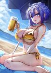  1girl :d absurdres ahoge alcohol bare_arms beach beach_towel beach_umbrella beer between_legs bikini blue_eyes blue_hair blue_sky blunt_bangs blush braid breasts cloud commentary_request cup day gold_bikini hair_between_eyes hand_between_legs highres holding holding_cup large_breasts looking_at_viewer navel no._7_(neutrino) ocean open_mouth outdoors short_hair sidelocks sitting sky smile solo swimsuit teeth tenneko_yuuri towel triangle_hair_ornament umbrella upper_teeth_only voicevox wariza 