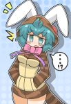  !? ... 1girl animal_ears blue_eyes blue_hair blush bow commentary_request cowboy_shot drop_shadow fake_animal_ears hands_in_pockets hood hood_up hoodie jitome kemono_friends long_sleeves open_mouth polka_dot polka_dot_background rabbit_ears short_hair snake_girl snake_tail solo spoken_ellipsis spoken_interrobang tail tsuchinoko_(kemono_friends) wirou 