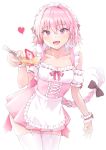 1boy alternate_costume apron astolfo_(fate) bangs bare_shoulders black_bow blush bow braid collarbone cpqm dress enmaided fang fate/apocrypha fate_(series) feeding food frills fruit garter_straps hair_between_eyes hair_intakes heart highres long_braid long_hair looking_at_viewer maid maid_headdress male_focus multicolored_hair otoko_no_ko pink_dress pink_hair purple_eyes short_dress simple_background single_braid smile solo spoon strawberry streaked_hair thighs waist_apron white_background white_hair white_legwear wrist_cuffs 