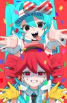  2girls @_@ absurdres aqua_hair black_eyes black_necktie bright_pupils byou_(vfyk8337) collared_shirt commentary gloves hands_up hatsune_miku highres kasane_teto mesmerizer_(vocaloid) multiple_girls necktie open_mouth red_eyes red_hair sharp_teeth shirt smile striped_clothes striped_shirt sweat teeth tongue tongue_out utau vertical-striped_clothes vertical-striped_shirt vocaloid white_pupils wrist_cuffs yellow_gloves 