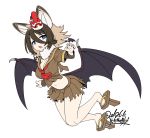  1girl :o animal_ears ascot bangs bat_ears bat_wings blue_eyes brown_serafuku brown_skirt dated extra_ears eyebrows_visible_through_hair fang full_body fur_collar geta hair_between_eyes hilgendorf&#039;s_tube-nose_bat_(kemono_friends) kemono_friends light_brown_hair looking_at_viewer mask mask_on_head midriff red_neckwear short_sleeves signature simple_background skirt solo tengu-geta tengu_mask white_background wings yoshida_hideyuki 