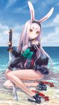  1girl animal_ears azur_lane beach bikini_bottom black_dress black_footwear black_jacket brown_eyes bunny_ears cloud dress hairband hand_on_own_knee highres horizon jacket legs long_hair ml.e ocean off_shoulder outdoors red_bikini_bottom shimakaze_(azur_lane) shoes short_dress silver_hair sitting sky smile solo stilts swimsuit_over_clothes sword very_long_hair weapon 