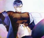  absurdres animal_on_lap bara beard blue_hair cat cat_on_lap coat facial_hair glasses highres looking_at_viewer louise_an mature_male on_lap open_clothes open_coat pectorals tagme turtleneck wuthering_waves yuanwu_(wuthering_waves) 