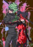  1boy 1girl adrien_agreste animal_ears black_bodysuit black_cat black_hair black_jacket black_mask bodysuit cat cat_ears claw_noir double_bun green_hair hair_bun highres jacket leather leather_jacket looking_at_viewer marinette_dupain-cheng miraculous_ladybug polka_dot purple_eyes red_bodysuit red_mask seio_(nao_miragggcc45) shadybug slit_pupils smile superhero_costume yo-yo 