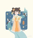  1girl bird black_eyes black_hair blunt_bangs chibi chinese_clothes cixiu flower hair_flower hair_ornament hanfu highres holding kyu_eki non-web_source qixiong_ruqun ruqun shuangyaji smile solo star_(symbol) 