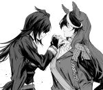 2girls aiguillette animal_ears ascot_grab bojue_(hakus_1128) buttons cape commentary_request double-breasted epaulettes fingerless_gloves from_side gloves hair_between_eyes highres horse_ears horse_girl horse_tail jacket long_hair long_sleeves monochrome multicolored_hair multiple_girls open_clothes open_jacket parted_lips single_epaulette sirius_symboli_(umamusume) streaked_hair symboli_rudolf_(umamusume) tail umamusume upper_body white_hair 