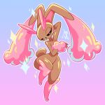  2024 anthro brown_body brown_face brown_fur brown_tail digital_drawing_(artwork) digital_media_(artwork) female fingers front_view full-length_portrait fur generation_4_pokemon goopbloop gradient_background hand_behind_head hi_res lagomorph lopunny mammal narrowed_eyes nintendo on_one_leg pink_inner_ear pokemon pokemon_(species) portrait raised_leg round_tail shiny_pokemon short_tail simple_background small_waist smile solo sparkles standing tail thick_thighs wide_hips 