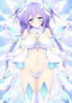  1girl absurdres bare_shoulders blue_eyes blush braid breasts cleavage detached_collar elbow_gloves gloves hair_ornament highres kludea large_breasts long_hair looking_at_viewer navel neptune_(series) power_symbol purple_hair purple_heart revealing_clothes skindentation smile solo symbol-shaped_pupils thighhighs twin_braids very_long_hair white_gloves white_legwear wings 