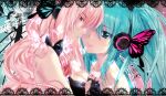  2girls aqua_eyes aqua_hair aqua_nails bare_shoulders black_gloves breasts butterfly_wings cleavage commentary fingerless_gloves gloves hair_between_eyes hat hatsune_miku headphones highres holding insect_wings long_hair looking_at_viewer magnet_(vocaloid) medium_breasts megurine_luka mini_hat multiple_girls pink_hair roozaku smile twintails vocaloid wings yuri 