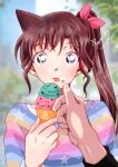  1boy 1girl :p aqua_eyes brown_hair earrings food glasses hair_between_eyes hair_ribbon highres ice_cream jewelry kudou_shin&#039;ichi long_hair looking_at_viewer meitantei_conan mouri_ran multicolored_shirt paseri_(l7dgtxtsnlmfwlb) pink_ribbon ponytail ribbon short_hair tongue tongue_out 