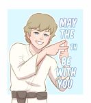  1boy belt blonde_hair blue_eyes commentary english_commentary english_text looking_at_viewer luke_skywalker male_focus ottykyun shirt short_hair simple_background smile star_wars teeth upper_body utility_belt white_shirt 