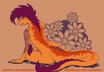  2019 abstract_background anthro arm_tattoo butt female flat_chested greenlinzerd hair hybrid lizard long_tail looking_back nude orange_body orange_scales purple_hair reptile restricted_palette scales scalie sharp_teeth signature solo tail_tuft tattoo teeth tuft 