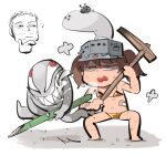  1girl ? bamboo_spear bandaid_on_stomach bikini black_eyes brown_hair character_request chibi chibi_inset constricted_pupils copyright_request creature_on_head drooling elon_musk flat_chest full_body gold_bikini golden_week hand_on_own_chin heavy_breathing hoe holding holding_hoe holding_polearm holding_weapon kantai_collection medium_hair open_mouth polearm real_life red_eyes rhinoceros_beetle running ryuujou_(kancolle) scratches shikigami short_hair simple_background squatting stroking_own_chin swimsuit tirarizun twintails v-shaped_eyebrows very_short_hair visor_cap weapon white_background 
