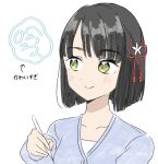  1girl arrow_(symbol) black_hair blue_cardigan blunt_bangs blunt_ends blush cardigan character_signature closed_mouth collarbone commentary_request flower flower_knot green_eyes hair_flower hair_ornament highres holding holding_pencil link!_like!_love_live! llkapital looking_to_the_side love_live! momose_ginko pencil shirt short_hair simple_background smile solo translation_request virtual_youtuber white_background white_shirt 