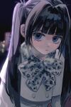  1girl :&lt; animal_print arms_at_sides black_hair blue_eyes blunt_bangs blurry bokeh bow bowtie buttons closed_mouth coat depth_of_field dot_nose grey_bow grey_bowtie grey_coat hair_intakes highres inu_dakisime leaning_forward leopard_print long_hair long_sleeves looking_at_viewer night night_sky original outdoors sidelocks sky solo twintails upper_body very_long_hair white_background 