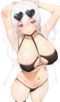  1girl arms_behind_head azur_lane bangs bikini black_bikini blush breasts choker cleavage collarbone commentary_request covered_nipples eyebrows_visible_through_hair eyewear_on_head frilled_cuffs from_above hair_between_eyes highres huge_breasts looking_at_viewer looking_up navel nekoshoko open_mouth red_eyes see-through sheer_clothes short_hair sidelocks simple_background sirius_(azur_lane) solo standing sunglasses swimsuit thigh_strap white_background white_hair wrist_cuffs 