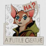 acorn ambiguous_gender anthro blue_eyes brown_body brown_fur bust_portrait cheek_tuft clothed clothing colored confusion english_text facial_tuft food fruit fur gompami green_hood hi_res hood hoodwink_(dota) mammal nut_(fruit) open_mouth plant portrait rodent sciurid shaded solo speech_bubble text tree_squirrel tuft