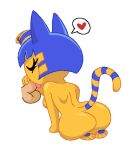 2024 animal_crossing ankha_(animal_crossing) anthro balls bangs big_butt blue_ears blue_hair blue_pawpads bob_cut breasts butt digital_drawing_(artwork) digital_media_(artwork) domestic_cat drawpile_(artwork) eyelashes eyes_closed felid feline felis fellatio female fur genitals goopbloop hair hand_on_penis heart_symbol human kneeling_oral_position licking low_res mammal markings nintendo nude oral pawpads penile penis penis_lick pink_tongue portrait raised_tail rear_view sex simple_background solo striped_markings striped_tail stripes tail tail_markings tan_balls tan_penis tongue uraeus white_background yellow_body yellow_face yellow_fur