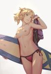  1girl bigrbear bikini bikini_bottom blonde_hair bracelet breasts clenched_teeth collarbone fate/apocrypha fate_(series) green_eyes grey_background highres jewelry looking_at_viewer medium_breasts mordred_(fate) mordred_(fate)_(all) navel nipples ponytail red_bikini_bottom short_hair side-tie_bikini simple_background smile solo standing surfboard swimsuit teeth topless 