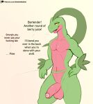 anthro balls dabelette dialogue elemental_creature erection flora_fauna foreskin front_view generation_3_pokemon genitals green-body grovyle hi_res humanoid_genitalia humanoid_penis male nintendo nude penis plant pokemon pokemon_(species) smil solo standing yellow_eyes