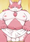  2024 anthro balls belly blush bulge bungo_(tamacolle) clothing cute_fangs domestic_cat erection erection_under_clothing felid feline felis genitals hi_res humanoid_hands kemono male mammal moobs navel nipples overweight overweight_male pink_body s_ouo sitting solo tamacolle 