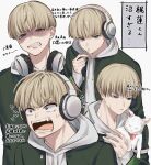  1boy anger_vein angry cat grey_eyes headphones highres hood hooded_jacket jacket kaji_ren long_sleeves multiple_views ogrpu open_mouth popo_po731 sharp_teeth short_hair teeth v-shaped_eyebrows white_hair white_jacket wind_breaker_(nii_satoru) 