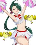  1girl bow breasts character_request cheerleader crop_top genjitsu_o_miro green_hair hair_bow highres looking_at_viewer navel open_mouth pokemon pokemon_(creature) pokemon_sv ponytail red_bow red_eyes rika_(pokemon) skirt small_breasts sweat white_skirt white_sneakers 