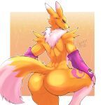  anthro bandai_namco big_butt black_sclera blue_eyes butt canid digimon digimon_(species) female fur fur_markings henry_dawg hi_res looking_at_viewer mammal markings muscular muscular_female nude renamon simple_background sleeves smile solo tail yellow_body yellow_fur 