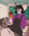 2023 ahoge anthro bangs black_hair chalkboard classroom clothed clothing container cup dunkin&#039;_donuts eyewear felid female ferwanwan fluffy fluffy_tail glasses hair hi_res holding_container holding_cup holding_object mammal open_mouth open_smile overalls purple_clothing purple_sweater purple_topwear round_glasses school short_hair sitting smile sweater tail topwear