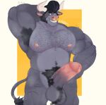 anthro armpit_hair armpit_musk balls beard biceps big_muscles big_penis black_hair body_hair bovid bovine brawl_stars bull_(brawl_stars) cattle chest_hair facial_hair facial_piercing genitals glans grey_body hair hairy_balls hi_res horn male mammal muscular muscular_anthro muscular_male musk musk_clouds navel nipples nose_piercing nose_ring nude orange_eyes pecs penis piercing pink_glans pink_nipples pink_penis pubes ring_piercing simple_background solo supercell_(company) tail zukhai