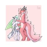  alto_(np_eazy) anthro balls bent_legs cheek_tuft dragon duo facial_tuft female fluffy fluffy_tail fur furred_dragon furred_scalie genitals green_hair grey_body grey_fur hair hi_res inner_ear_fluff kyaro larger_female leeya_(zertyz) looking_at_another looking_down male male/female mythological_creature mythological_scalie mythology penis pink_body pink_fur pink_hair pushing pushing_away scalie size_difference smaller_male tail tuft wings 