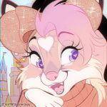 1:1 2023 anthro canid castle clothing detailed_background disney disney_parks ear_piercing eyelashes female ferwanwan fur heart_eyes heart_symbol icon mammal markings open_mouth open_smile outside pastel_theme piercing pink_body pink_fur pink_theme smile solo sparkles sweater teeth topwear