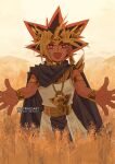  1boy armlet atem blonde_hair bracelet cape cowboy_shot earrings egyptian_clothes eye_of_horus hill jewelry lightningstrikes multicolored_hair necklace outdoors pelvic_curtain pink_eyes purple_cape red_hair sky sleeveless solo spiked_hair tan yellow_bracelet yellow_collar yu-gi-oh! yu-gi-oh!_duel_monsters 
