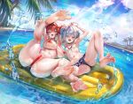  2girls amane_kanata angel angel_wings armpits arms_up bare_arms bare_legs bare_shoulders barefoot beach bikini breasts day feathered_wings feet feet_up highres hololive houshou_marine jagoo legs_up looking_at_viewer mini_wings multiple_girls navel open_mouth red_bikini red_hair short_hair soles spread_legs string_bikini swimsuit toes virtual_youtuber water wet white_bikini white_hair wings yellow_eyes 