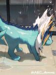  animal_focus arc_draws artist_name blue_skin closed_eyes colored_skin commentary fins forked_tail head_fins highres indoors no_humans pokemon pokemon_(creature) shaking shower_(place) showering tail twitter_username vaporeon 