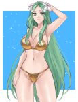  1girl alternate_costume arm_up armpits bare_arms bare_shoulders bikini breasts cleavage commentary cowboy_shot fire_emblem fire_emblem:_three_houses flower green_eyes green_hair groin hair_flower hair_ornament hazuki_(nyorosuke) highres large_breasts long_hair navel rhea_(fire_emblem) solo standing stomach swimsuit thighs very_long_hair white_flower yellow_bikini 