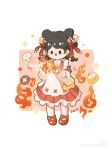  bag black_eyes braid chibi double_bun fire fish_(food) full_body grilled_fish hair_bun hair_ornament highres holding kyu_eki long_sleeves non-web_source open_mouth qixiong_ruqun red_footwear ruqun shoulder_bag solo 