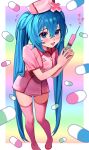  1girl absurdres blue_eyes blush boots collared_dress dress hat hatsune_miku heart highres holding holding_syringe koiiro_byoutou_(vocaloid) long_hair nurse nurse_cap open_mouth perspective pill short_dress short_sleeves solo sverhnova sweat syringe thigh_boots twintails very_long_hair vocaloid 