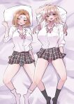  2girls alternate_hairstyle animal_print aqua_panties arm_up bed_sheet black_skirt black_socks blonde_hair blush boku_no_kokoro_no_yabai_yatsu bow bowtie breasts brown_eyes collared_shirt colored_tips earclip earrings feet_out_of_frame from_above gyaru highres hoop_earrings jewelry large_breasts leopard_print long28 long_hair looking_at_viewer lying miniskirt mother_and_daughter multicolored_hair multiple_girls official_alternate_hairstyle on_back open_mouth panties pillow pink_panties plaid plaid_skirt pleated_skirt print_panties shirt short_hair skirt socks spread_legs striped_bow thighs underwear v vertical-striped_bow white_shirt white_socks yamada_anna yamada_sanae_(bokuyaba) 
